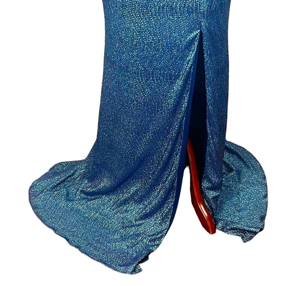 Dessy Collection 3063 Midnight Blue Metallic Column Gown High Slit 10R - Picture 7 of 16